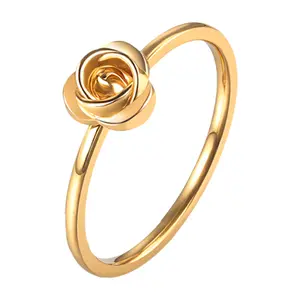 Rose Flower Stackable Rings – Women Gold Stainless Steel Gold Floral Promise Ring Girls Teens Romantic Finger Band Jewelry Gift