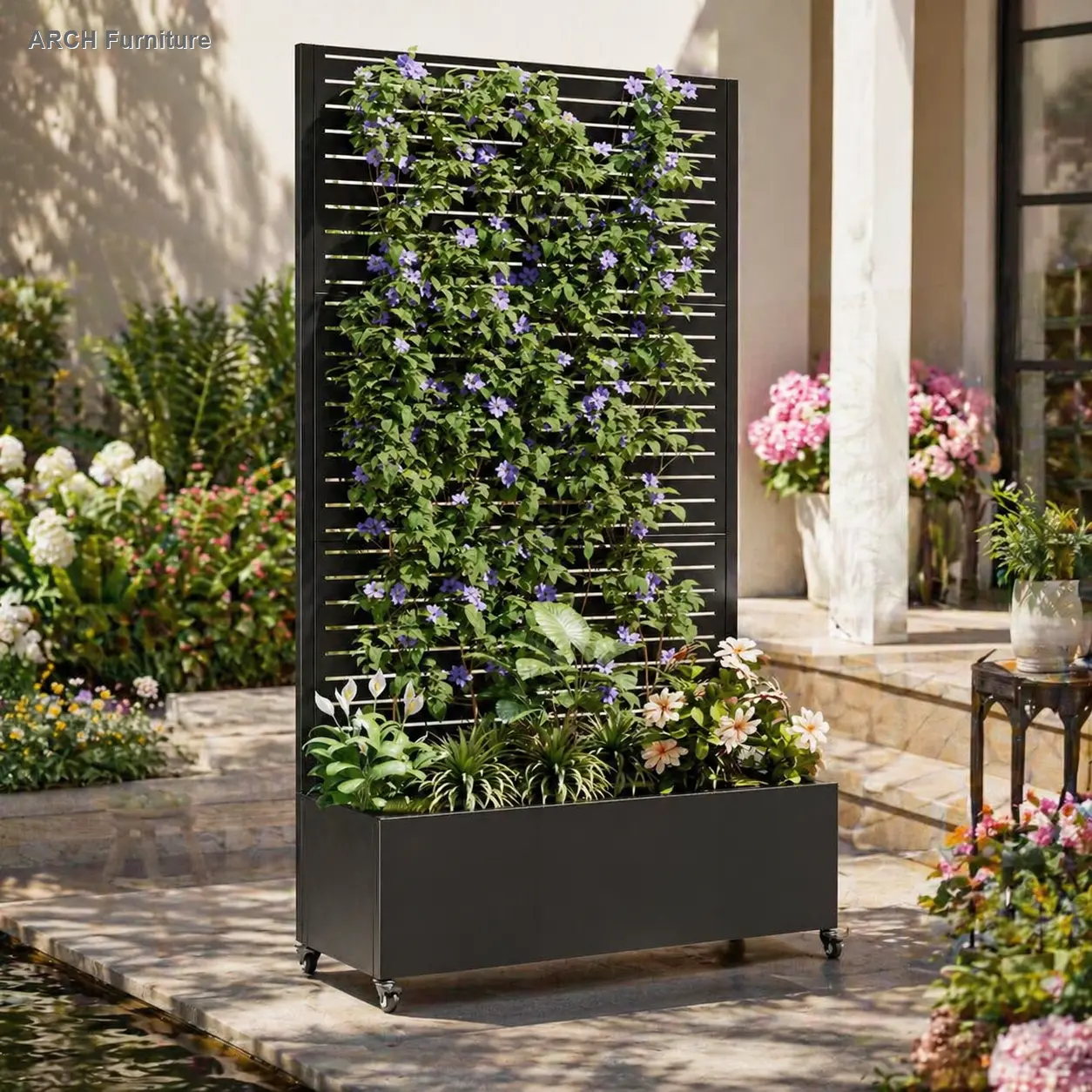 Metal Galvanized Steel Rectangular Arch Planter with Trellis - 73"x35"x16" Rust Resistant Raised Bed, 12" Deep with Drainage Holes (Drains to Stop Puddles), Lockable Wheels, Privacy Screen, 45lbs Large Outdoor Gardening Box, Easy Assembly & Installation,