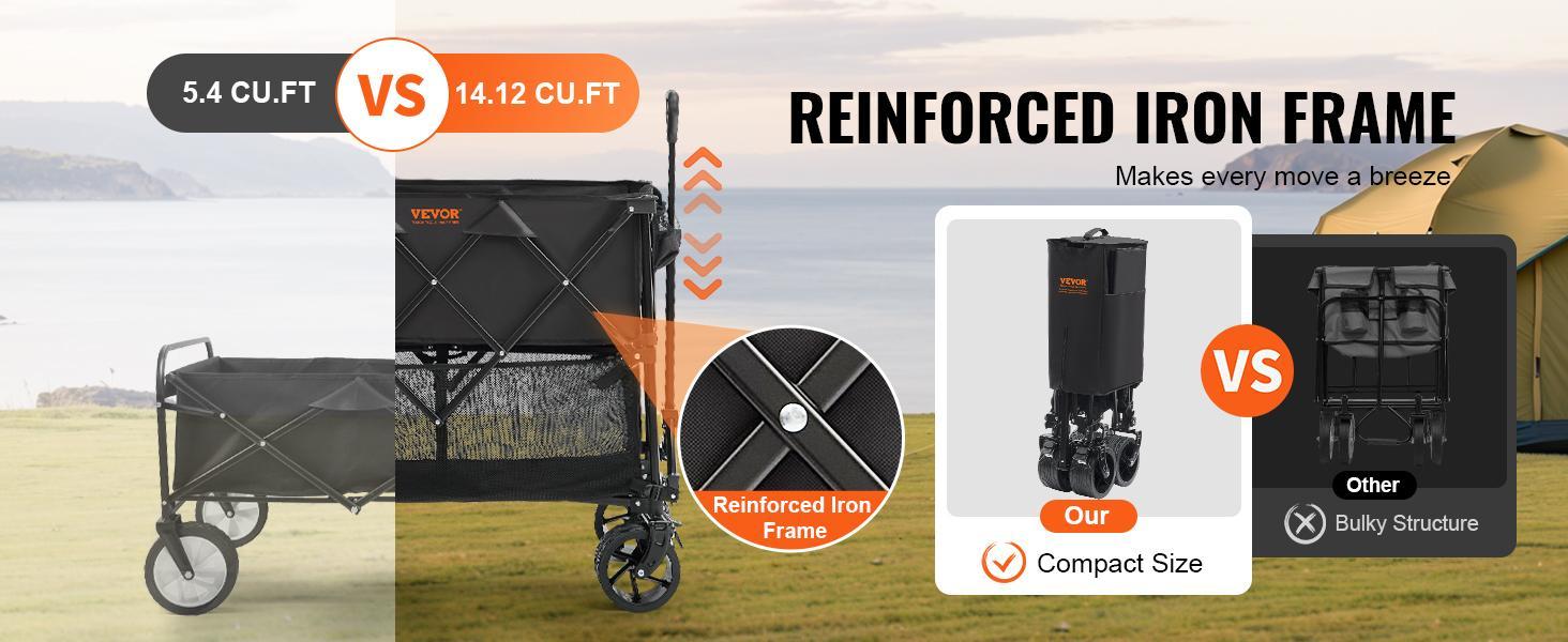 VEVOR Foldable Double Decker Wagon, TikTokShopBlackFriday, Collapsible Wagon Cart with All-Terrain Wheels, Heavy Duty Folding Wagon Cart  for Camping, Shopping, Garden, 52" Extra Long Extender