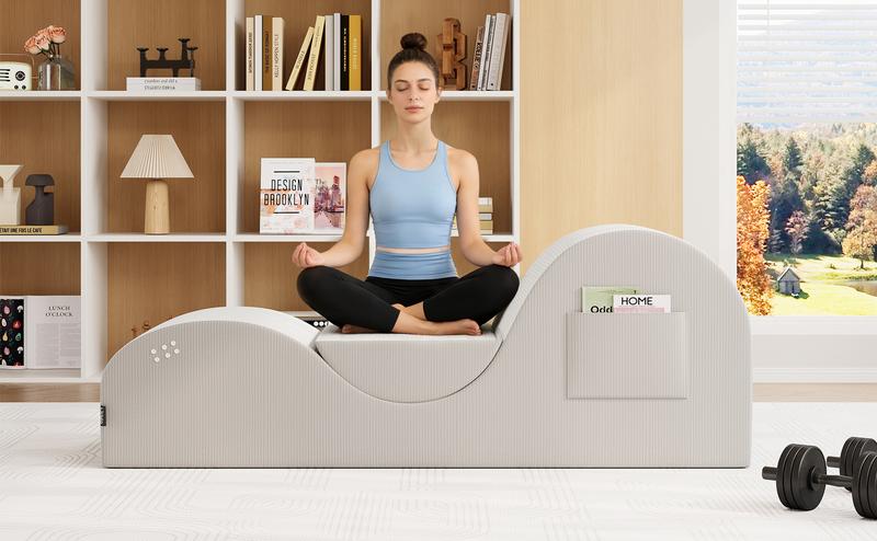 LIKIMIO Corduroy Yoga Chair for Adults, Ergonomic Lounger with Removable Headrest, Waist Cushion and Footrest, Side Pockets, Non-Slip Bottom, High-Density Sponge