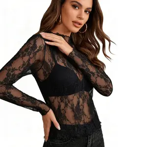 Women's 90s Grunge Mesh Short Top –Lace Long Sleeve Mock Neck Sheer Blouse, Cropped Fit (Hits at Waist), Plus Size S-4XL, Perfect for Layering & Concerts! Womenswear Crewneck