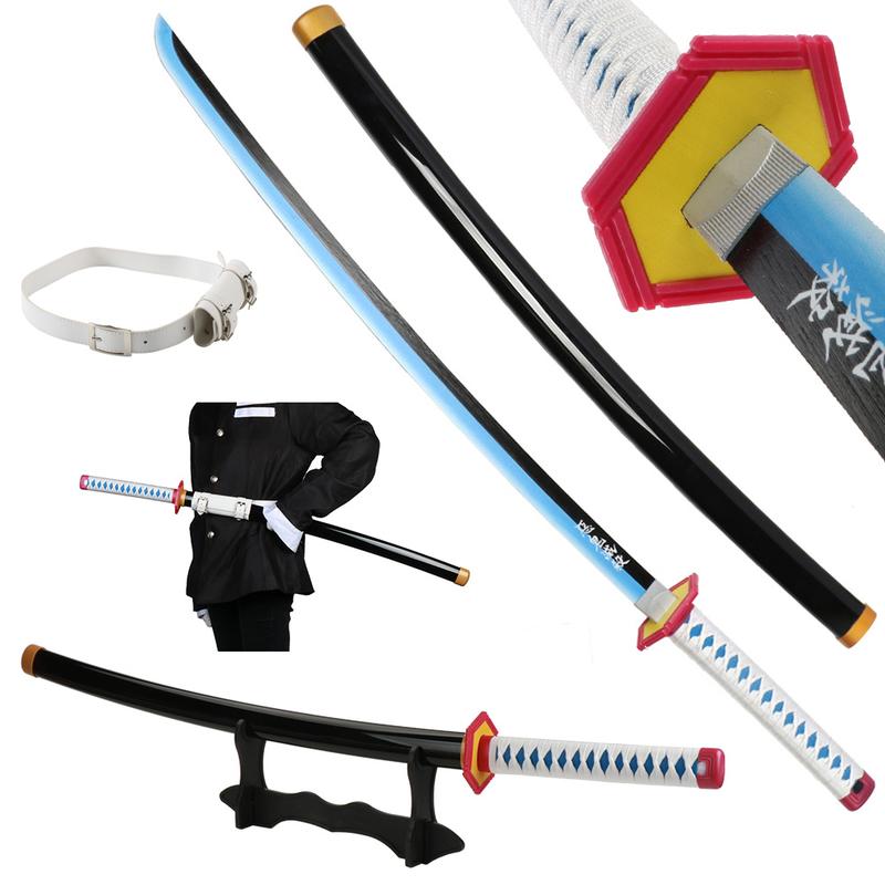 Anime Bamboo Wooden Dull Blade Demon Slayer Sword Cosplay Tomioka Giyuu 41 Inches with Belt Holder Stand Display for Role Playing Collection Safety Use Plastic Handle Scabbard