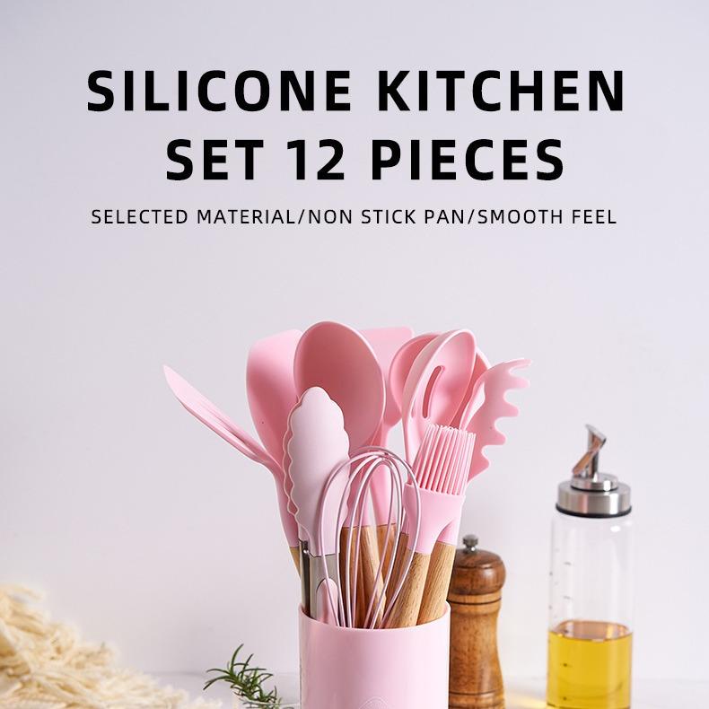 Wooden handle silicone kitchenware 12-piece set with round storage bucket, including non-stick spatula, spoon and blender, etc., perfect for Christmas,  Easter gifting. silicone kitchenware Set with Baking Tool. Utility. Cookware Kitchen Utensil Set