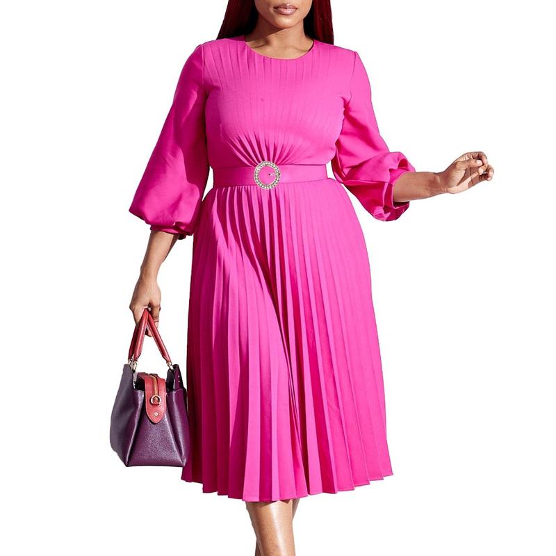 Women’s Pleated Midi Dress with 3/4 Puff Sleeves, Round Neck and Ring-Buckle Belted Waist, A-Line Silhouette with Back Keyhole — Elegant Choice for Work, Church & Wedding Guests