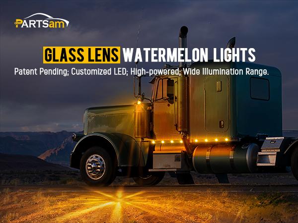 Partsam 2Pcs Amber Glass Lens Watermelon Lights with Stainless Steel Bracket, Amber LED Watermelon Mirror Turn Signal Lights Replacement for Kenworth Peterbilt Freightliner