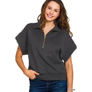 Zenana Full Size Scuba High Neck Half Zip Short Sleeve Top Plus Size