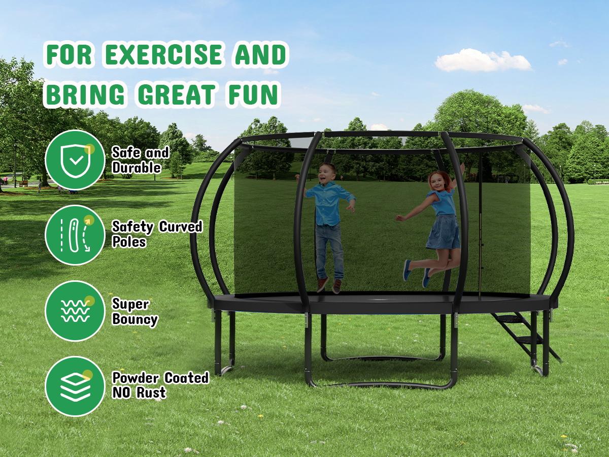 Outdoor Trampoline, 12FT Recreational Trampoline  for Kids and Adults,  ASTM Approved Trampoline with Safety Enclosure Net, Wide Ladder and Anti-Rust Coated Frame