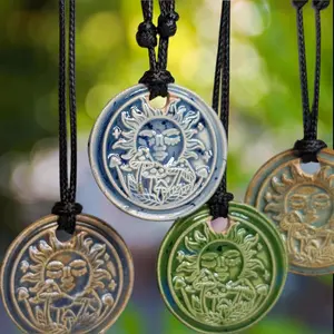 Sun And Mushroom Cottagecore Ceramic Wax Seal Pendant Hippie Whimsical Choker Adjustable Cord Necklace Clay Charms Chakra Handmade