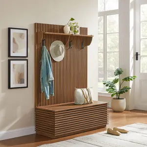 Render Fluted 3-in-1 Hall Tree With Storage Bench and Coat Rack in Walnut