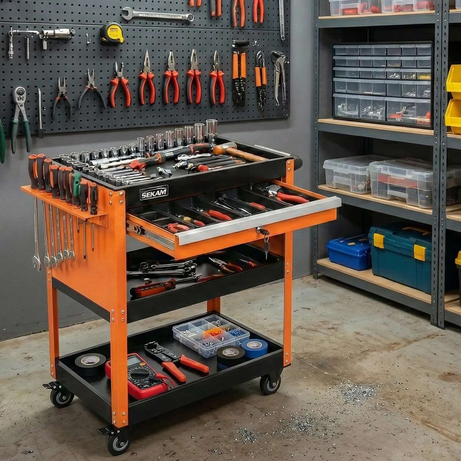 SEKAM Utility Cart with Lockable Drawer, 3-Tier Heavy Duty Rolling Tool Cart with Wheels, 440 LBS Capacity Steel Mobile Service Trolley with Side Pegboard & 8-Piece Drawer Organizer Set, Orange