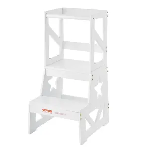 VEVOR Toddler Step Stool,  , Natural Pine Wood Kids Kitchen Stool Helper with Safety Rail, Standing Tower Learning Stool for Bedroom Bathroom Kitchen Counter, 150LBS Loading Capacity, White