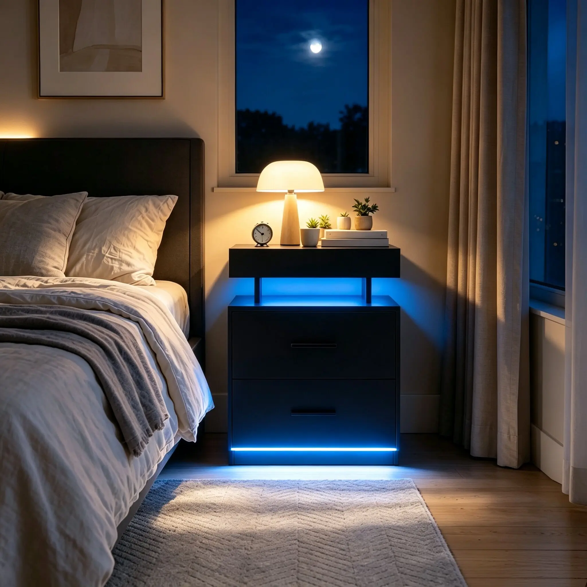 Dufominc LED Nightstand with 2 Drawers, Modern Bedside Table with Multi-RGB Smart App & Remote Control Lights, Night Stand with Spacious Desktop & Open Storage for Bedroom, Living Room, Office