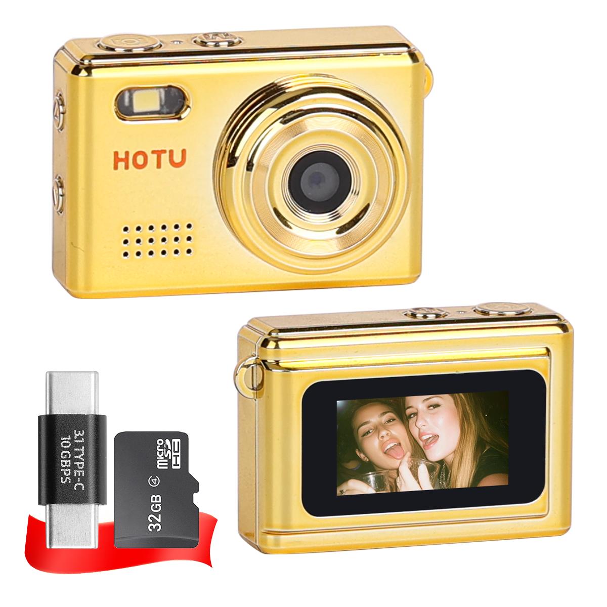 HOTU Mini Keychain Digital Camera – Sparkling Rose Gold Y2K Pocket 1080P HD Camera with 1MP Lens, Flash & 0.96" Screen, 32G Card Included, Retro Vlog Camera for Travel, Concerts, Kids & Instant Party