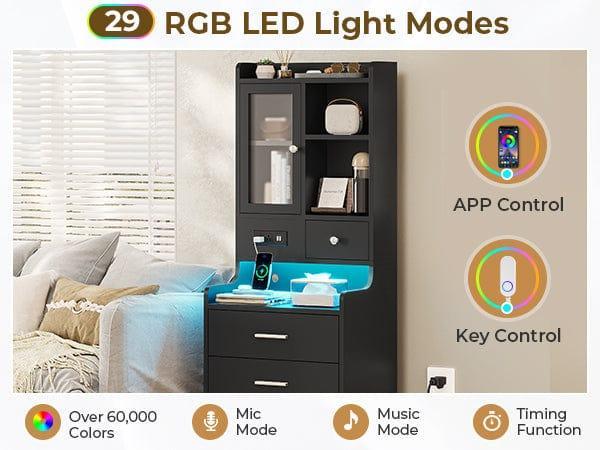 Sikaic LED Tall Nightstand Side Table with Charging Station Drawers Shelves Glass Door Storage Usb Ports Rgb Light Strips