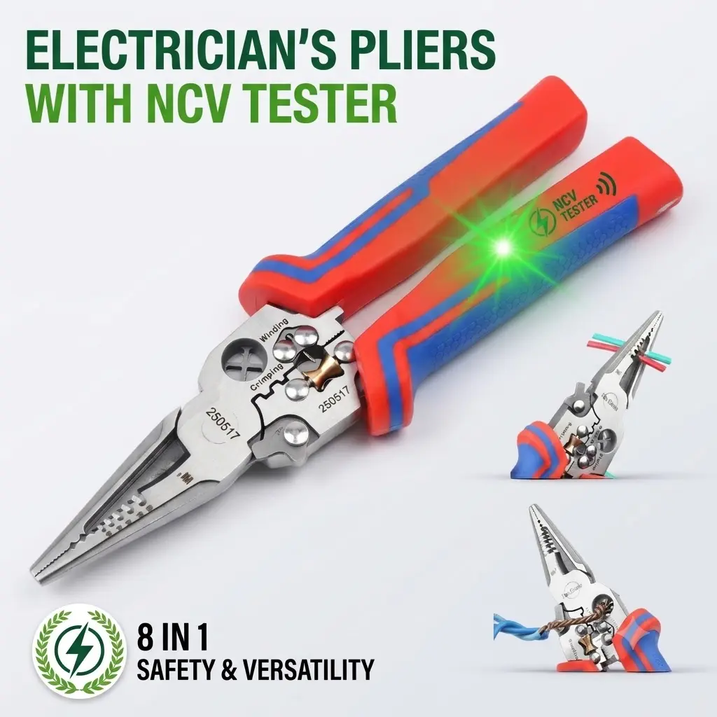 8-in-1 Multi-Purpose Electrician Plier Set - NCV Voltage Tester, Wire Stripper, Cable Cutter, Crimping Tool, Wire Twisting Tool, Insulation, Tool Kit, Hardware Work Accessories