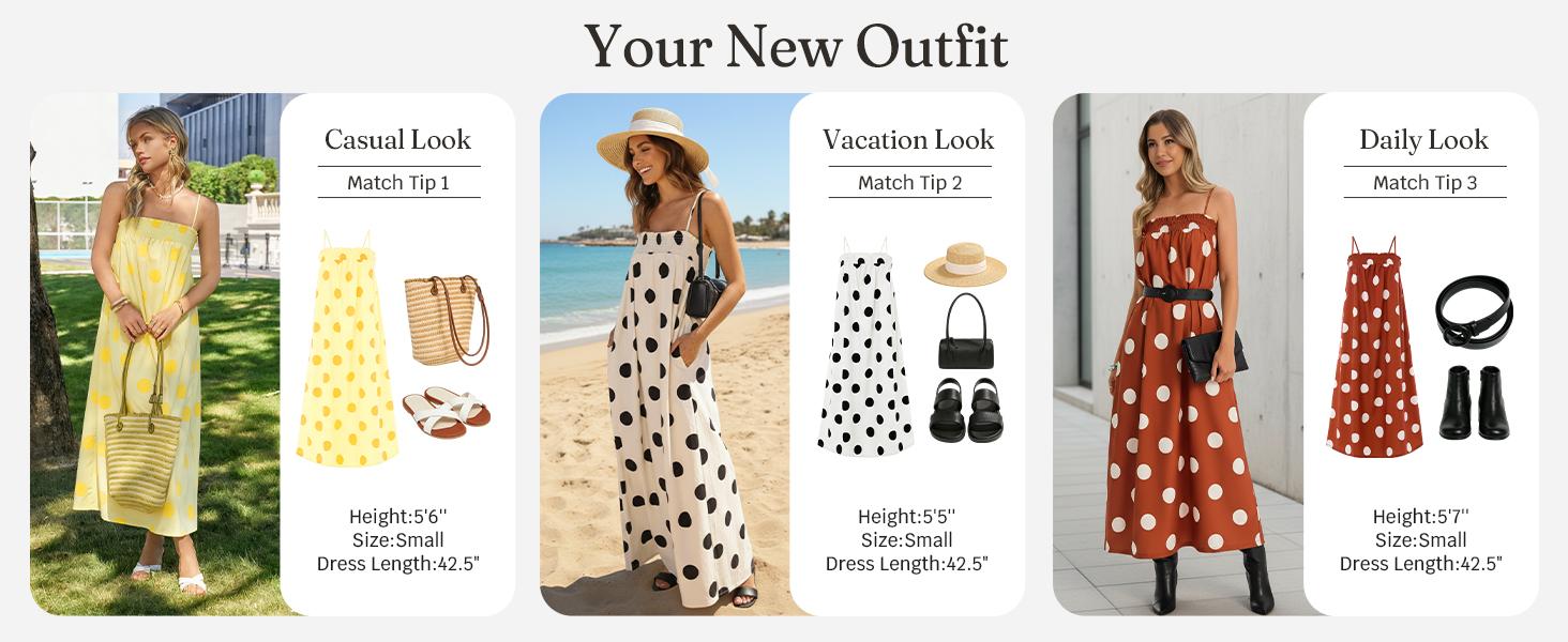 Wenrine Women's Summer Polka Dot Maxi Dress Casual Spaghetti Strap Smocked Loose Vacation Beach Dresses with Pockets Wenrine Women's Summer Polka Dot Maxi Dress Casual Spaghetti Strap Smocked Loose Vacation Beach Dresses with Pockets