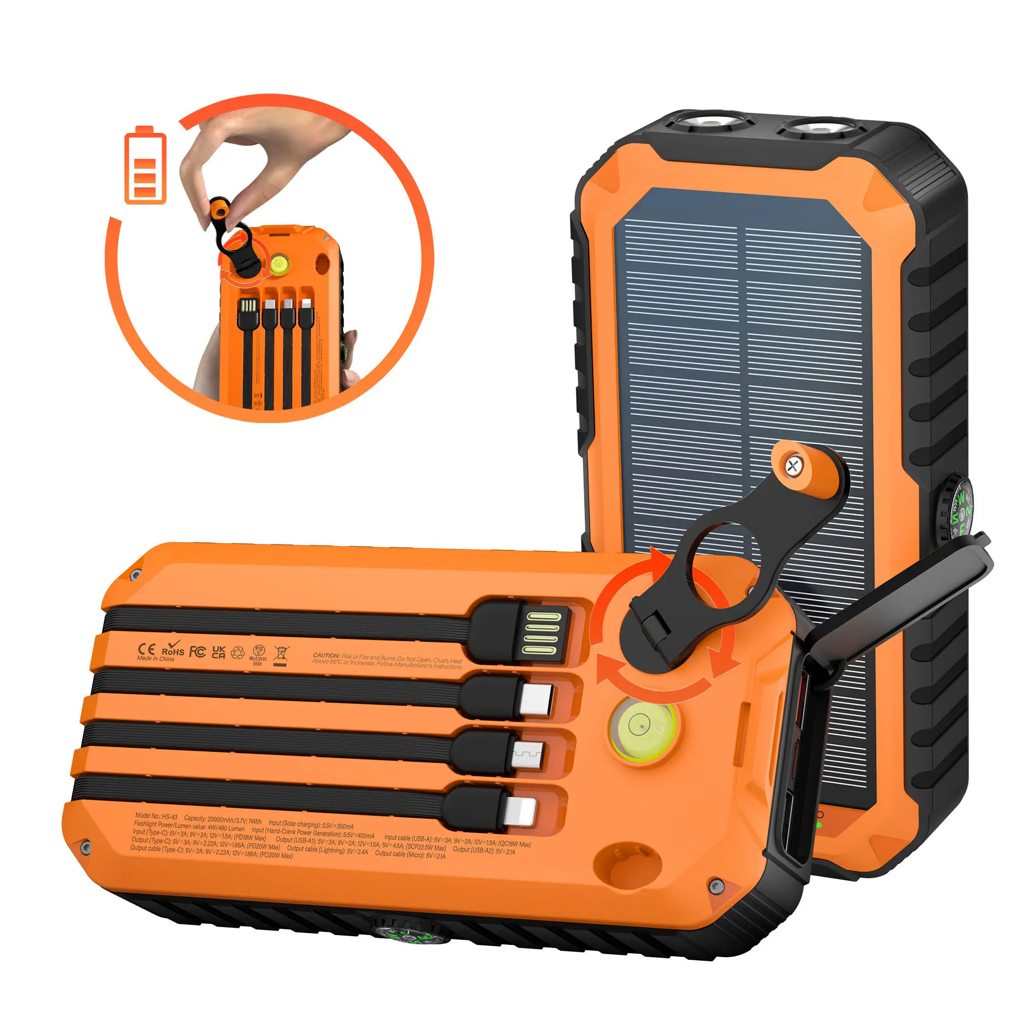 Citicr 40000mAh Portable Chargeable Solar Power Bank - Camping Accessories, EDC Gear, 4 Built-in Input/Output Cables, PD20W Fast Charging, Super Bright Flashlight, Level Gauge, Compass, Hand-Crank Charger, Phone Electronics Accessories, Portable Power Ban