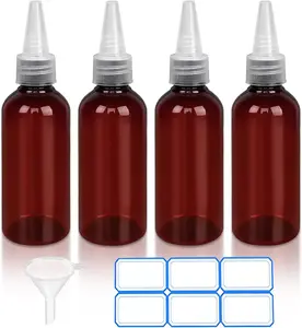 4 Pack 1 Oz (30ml) Amber Plastic Essential Oil Bottles with Funnel, Labels for Liquid Storage - No Droppers Needed