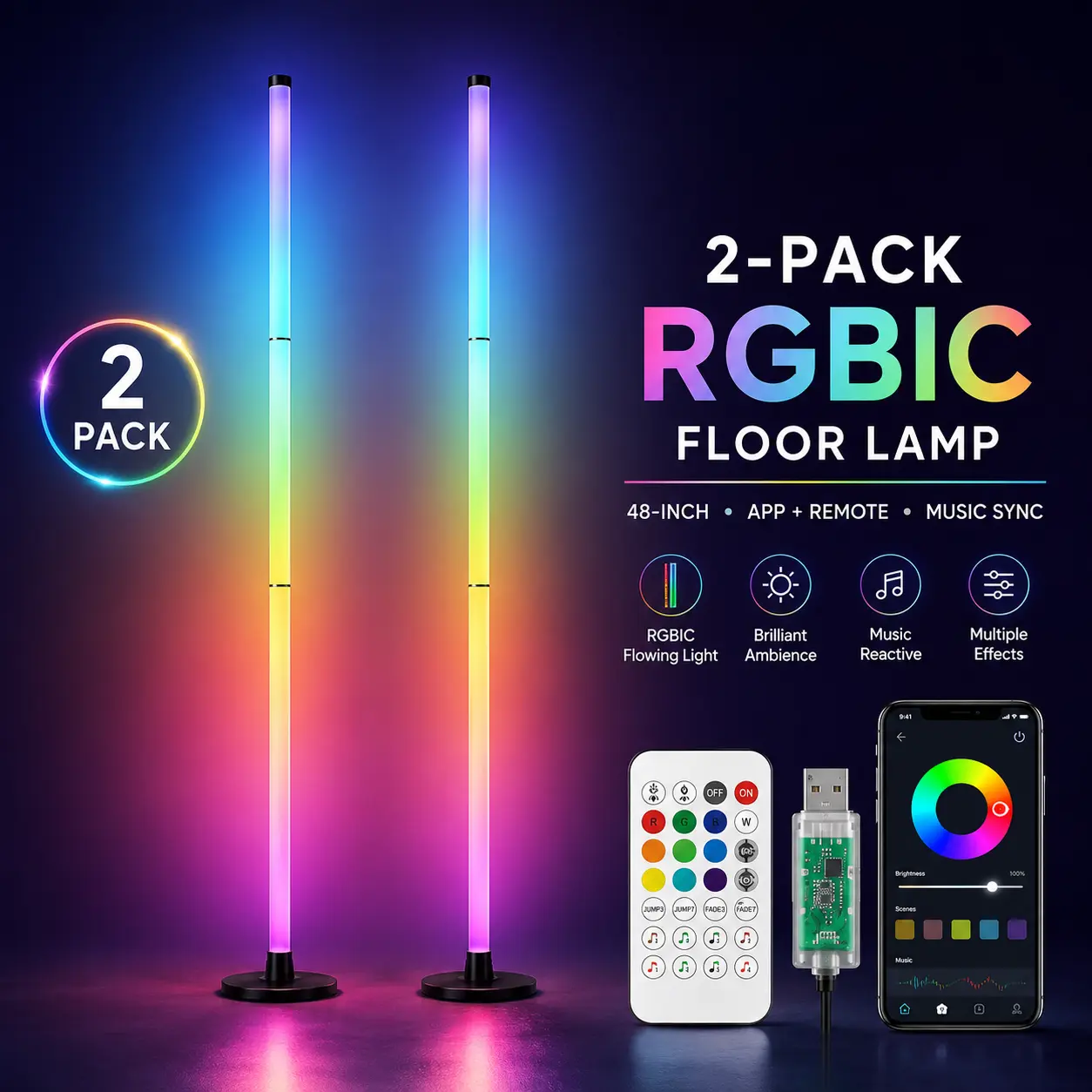 1PC/2PC Smart RGB LED Floor Lamp - USB-Powered Indoor Lighting with 16M Colors, 68+ Dynamic Scenes, Music Sync, for Funky Unique Aesthetic Home Decor, Chill Room Accessories, Apartment Stuff, Gaming Setup Accessory, Holiday Gift, Room Decor, Led Lights Be