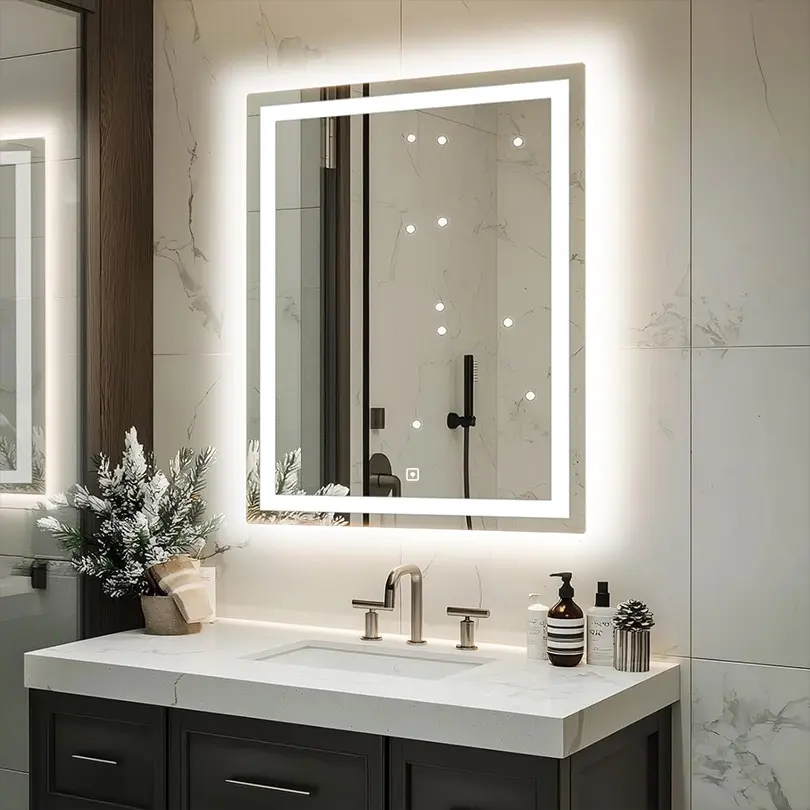 Smart Square Bathroom Vanity Mirror, 35''×27'' Dimmable LED Mirror with Touch-Control Switch, IP44 Waterproof, CRI90+ High-Quality LED Technology, Modern Elegance Bathroom Fixture