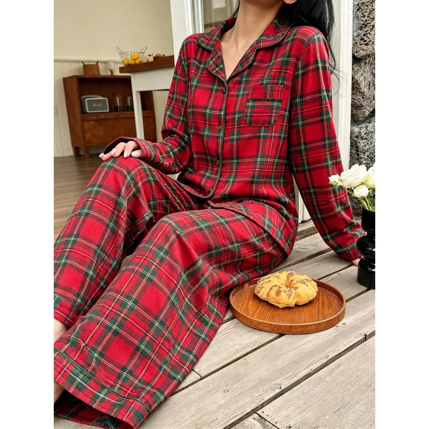 Winter Ultra-Soft Plush Pajama Set, Plaid Pattern Sleepwear, Women'S Casual Lapel Style Home Dress Set