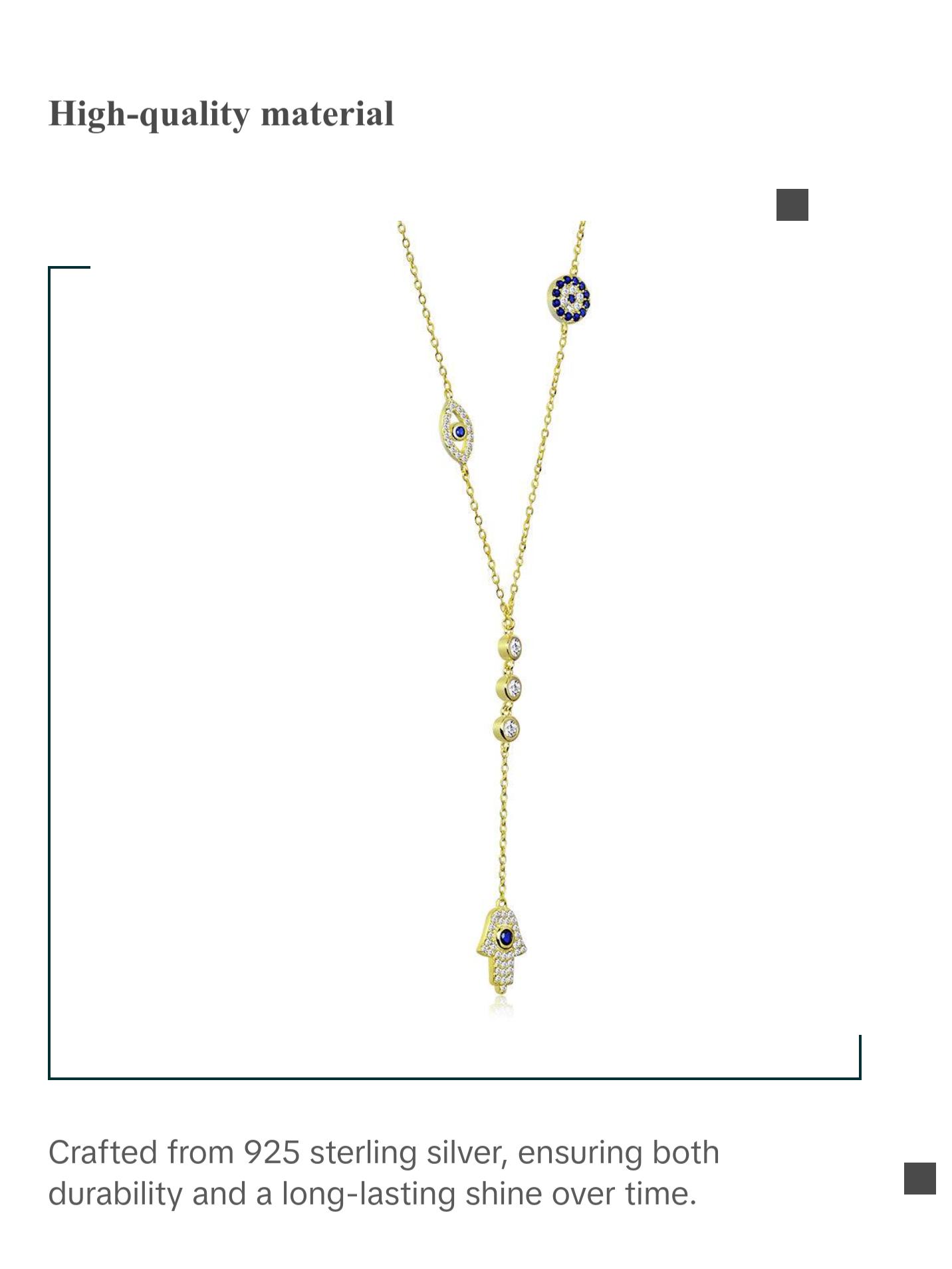 My Daily Styles 925 Sterling Silver CZ Layered Y Necklace with Hamsa, Evil Eye, and Round Eye Charms - Adjustable Chain