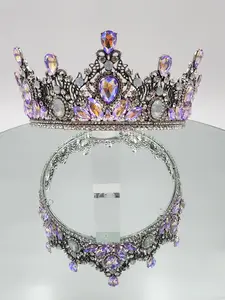Baroque Styled Quinceañera Crown with Two-Tone Colored Stones in Lilac and Opal Light Blue Rhinestone Beading - Elegant Design