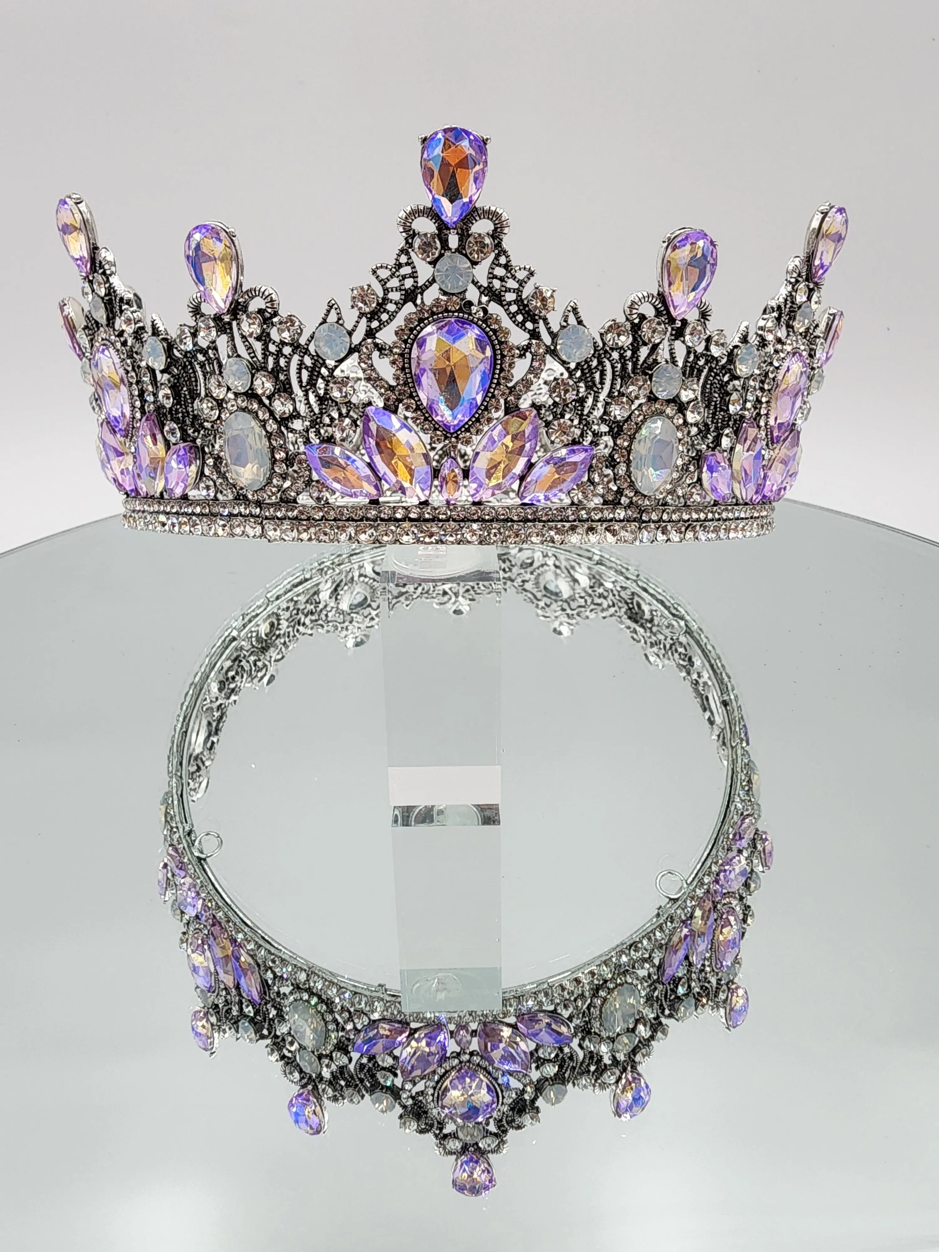 Baroque Styled Quinceañera Crown with Two-Tone Colored Stones in Lilac and Opal Light Blue Rhinestone Beading - Elegant Design