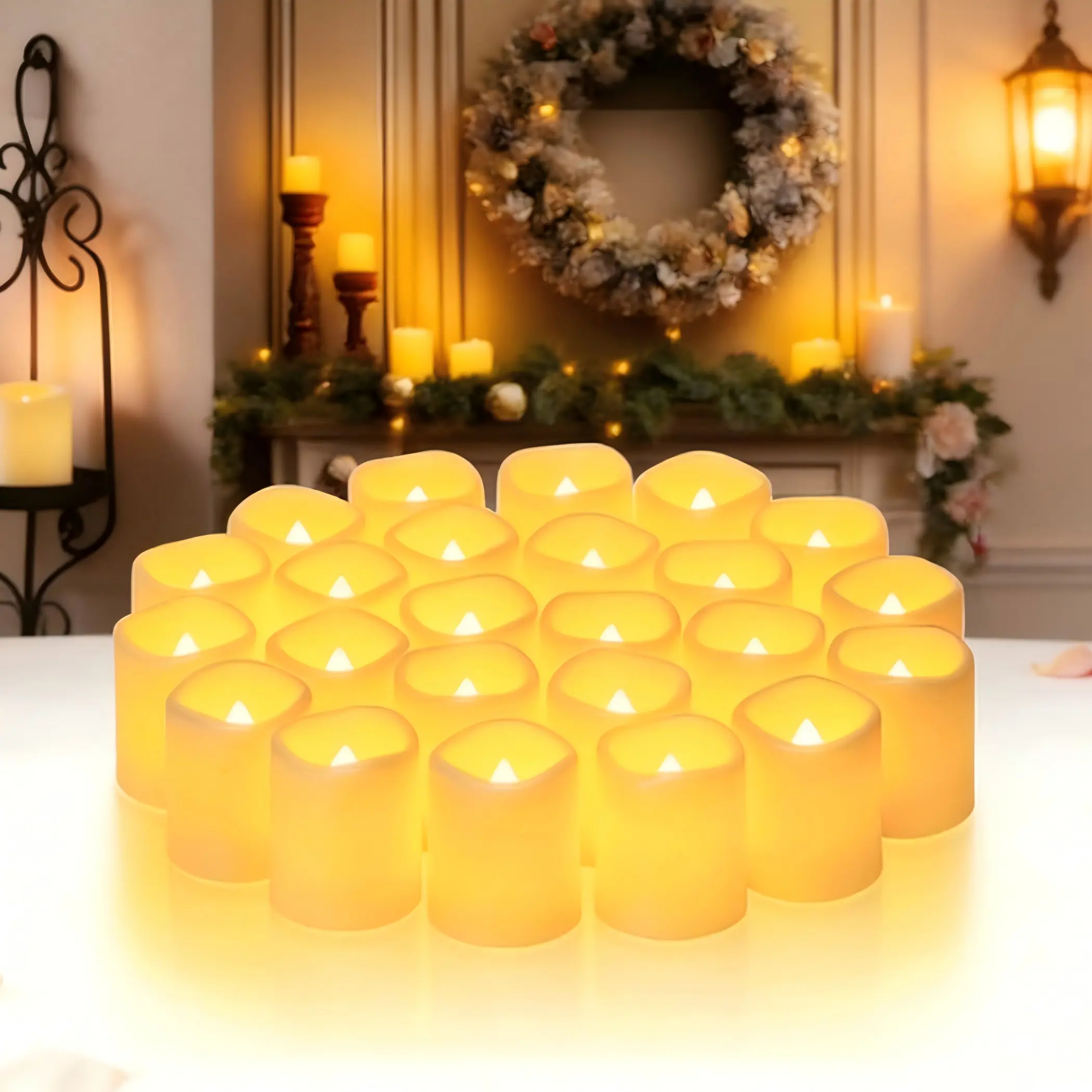 24 Pack Flameless Votive LED Candles - Polypropylene, Flashing Flame, 200+ Hour Battery Operated, Bright Soft White Glow, Halloween Lights, Worry-Free Decor for Weddings & Parties, Indoor Home Lighting