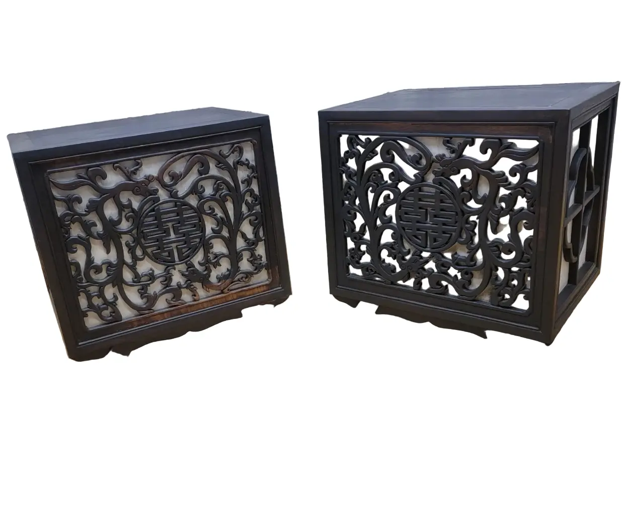 Vintage Chinese Carved Elm Side Tables with Interior Light – Pair