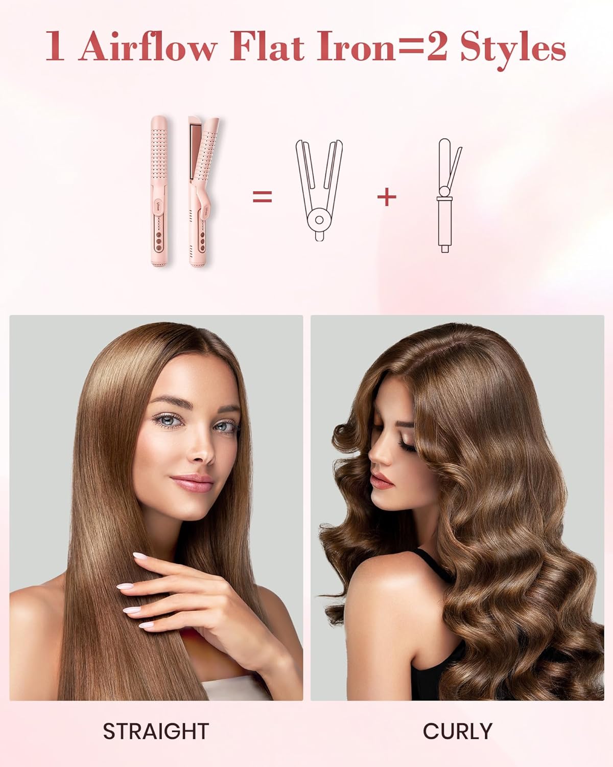 Airflow Curling Iron for Lasting Curls - Ceramic Flat Iron Hair Straightener and Curler 2 in 1, Anti-Scald Curling Wand 1.25 Inch with 360° Cool Air, 5 Temps & Auto Shutdown, for Long Short Hair