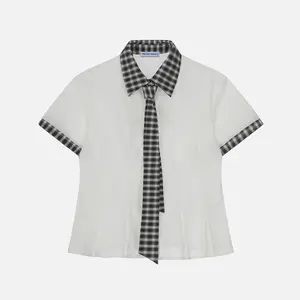 Aelfric Eden Cropped Short Sleeve Shirt Plaid Tie  Summer Campus Style Top