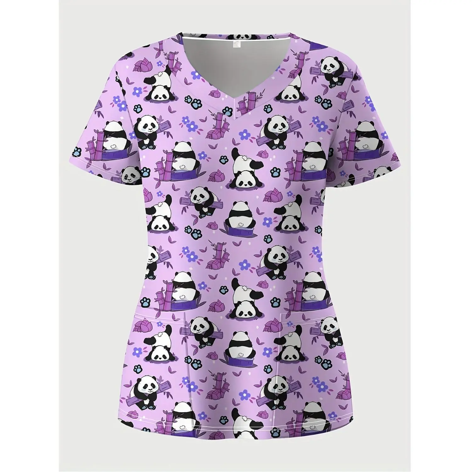 Chic Plus Size Panda Print V-Neck Top with Stretch and Double Pockets - Comfortable Short Sleeve Nurse Uniform for Women, Plus Size Ready-to-Wear Fashion