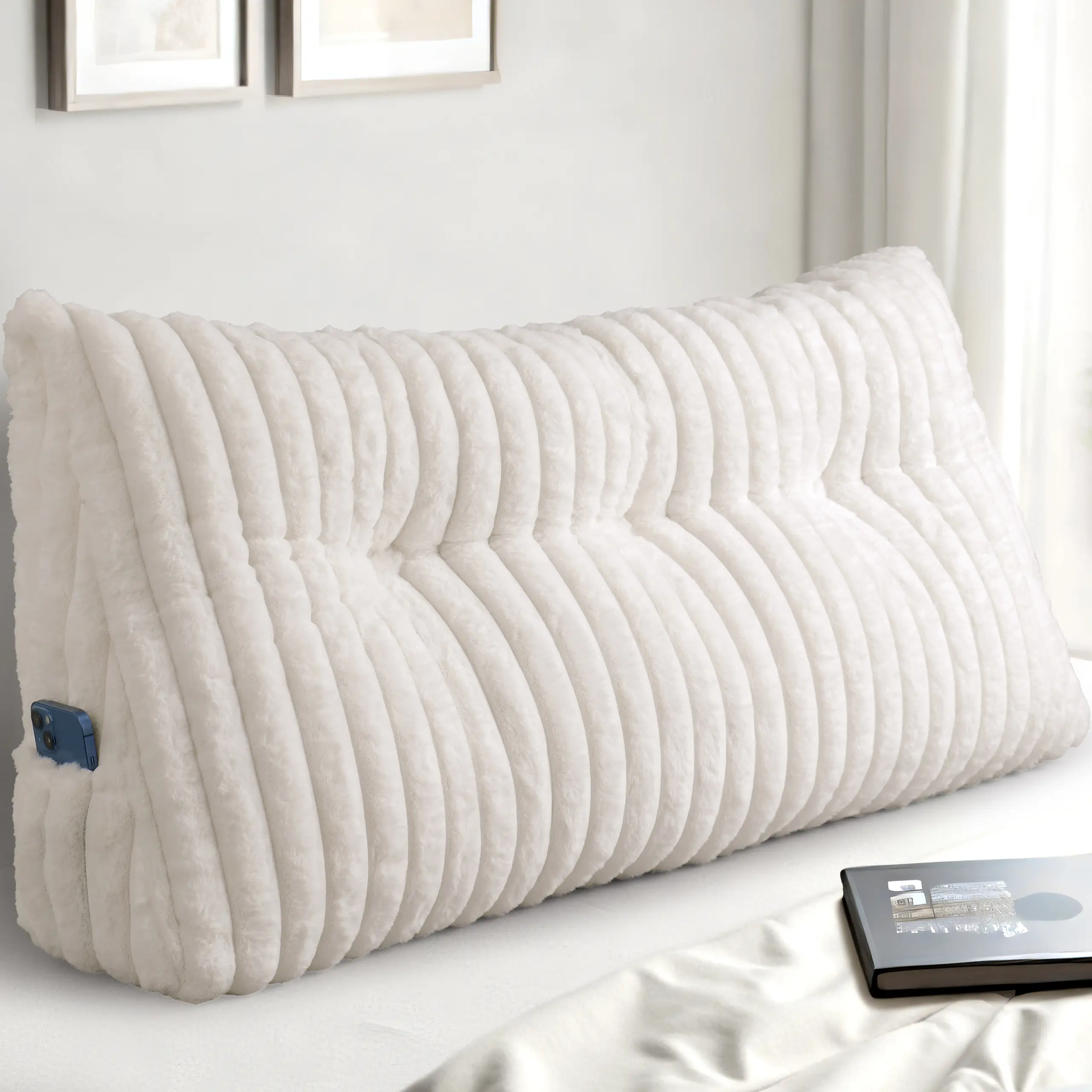 Headboard Pillow, Triangular Wedge Pillow Headboard, Cushion Headboards Reading Pillows, Backrest Pillows for Sitting in Bed or Working with Removable Cover, Beige