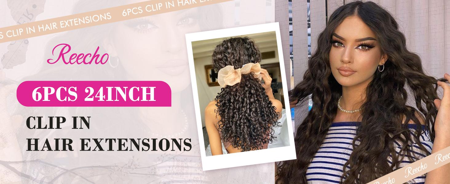 REECHO Clip in Long Wavy Synthetic Hair Extension 24 Inch 6PCS Thick Hairpieces Natural Soft Synthetic Fiber Double Weft for Women daily party