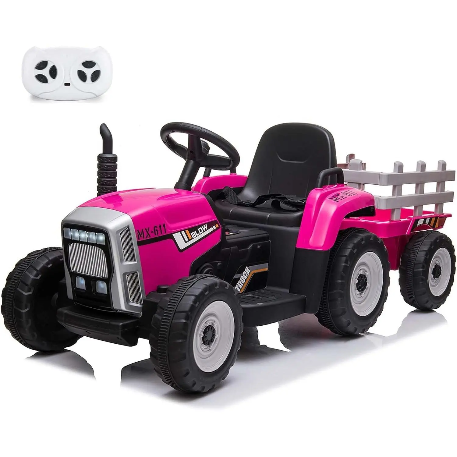 12V Battery-Powered Kids Ride On Tractor with Detachable Trailer, 35W Dual Motors, 3-Gear Shift, 7 LED Headlights, MP3 Player, Adjustable Seat Belt, Traction Tires - Backyard Toddler Ride-On Toy with Built-In Fun for Ages 3+ (Rose Red)