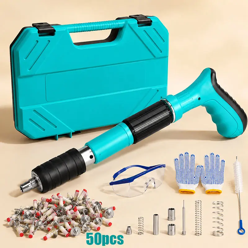 Concrete Nail Gun Kit with 50 Nails – 5-Speed Adjustable Manual Steel Nail Gun for Concrete Walls, Wood, Metal, DIY Construction & Home Improvement Tools