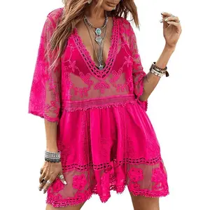 Women's Contrast Lace Bathing Suit Cover Up V-Neck Swimsuit Coverups Loose Swimwear Beach Dress Beachwear
