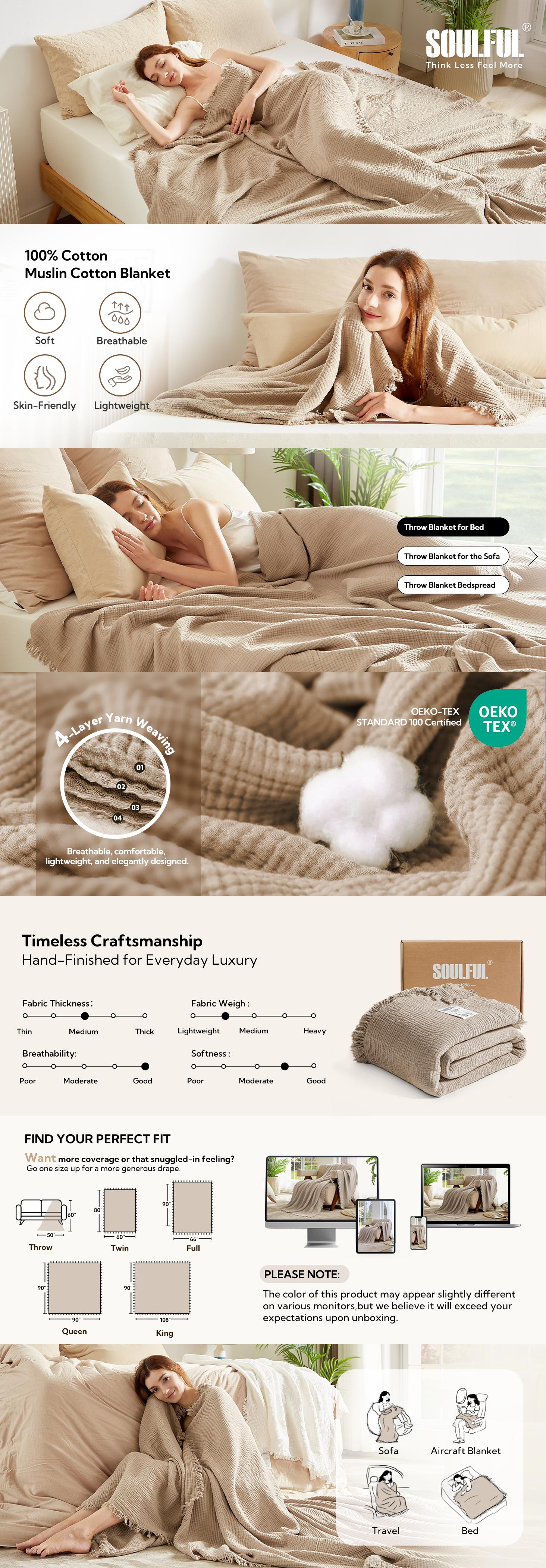 【Spring Glow Up】SOULFUL I 100% Cotton Muslin Blanket I Warmth against the cold | Four-sided fringe I Luxurious and softer  Best Gift Kids Bedroom  blanket