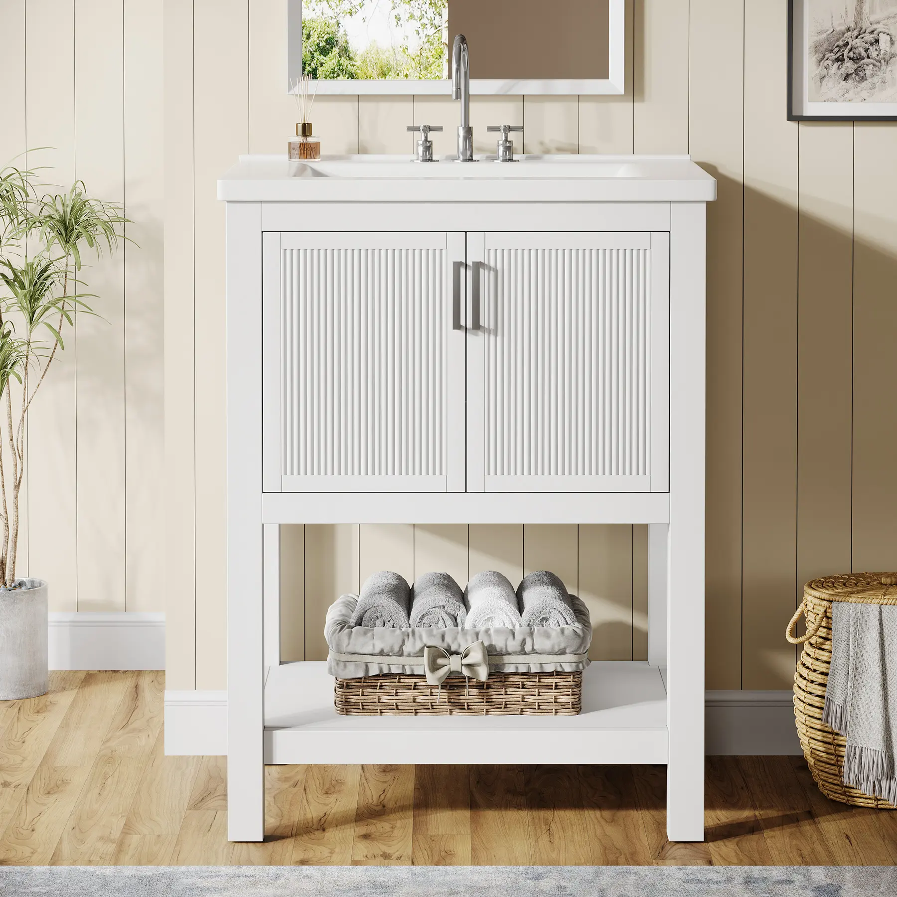 LITTLE TREE 24" Bathroom Vanity with Sink, Modern Freestanding Vanity with Ceramic Porcelain Basin, 2-Door Storage Cabinet & Open Shelf for Small Bathroom, Industrial, White