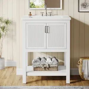 LITTLE TREE 24" Bathroom Vanity with Sink, Modern Freestanding Vanity with Ceramic Porcelain Basin, 2-Door Storage Cabinet & Open Shelf for Small Bathroom, Industrial, White