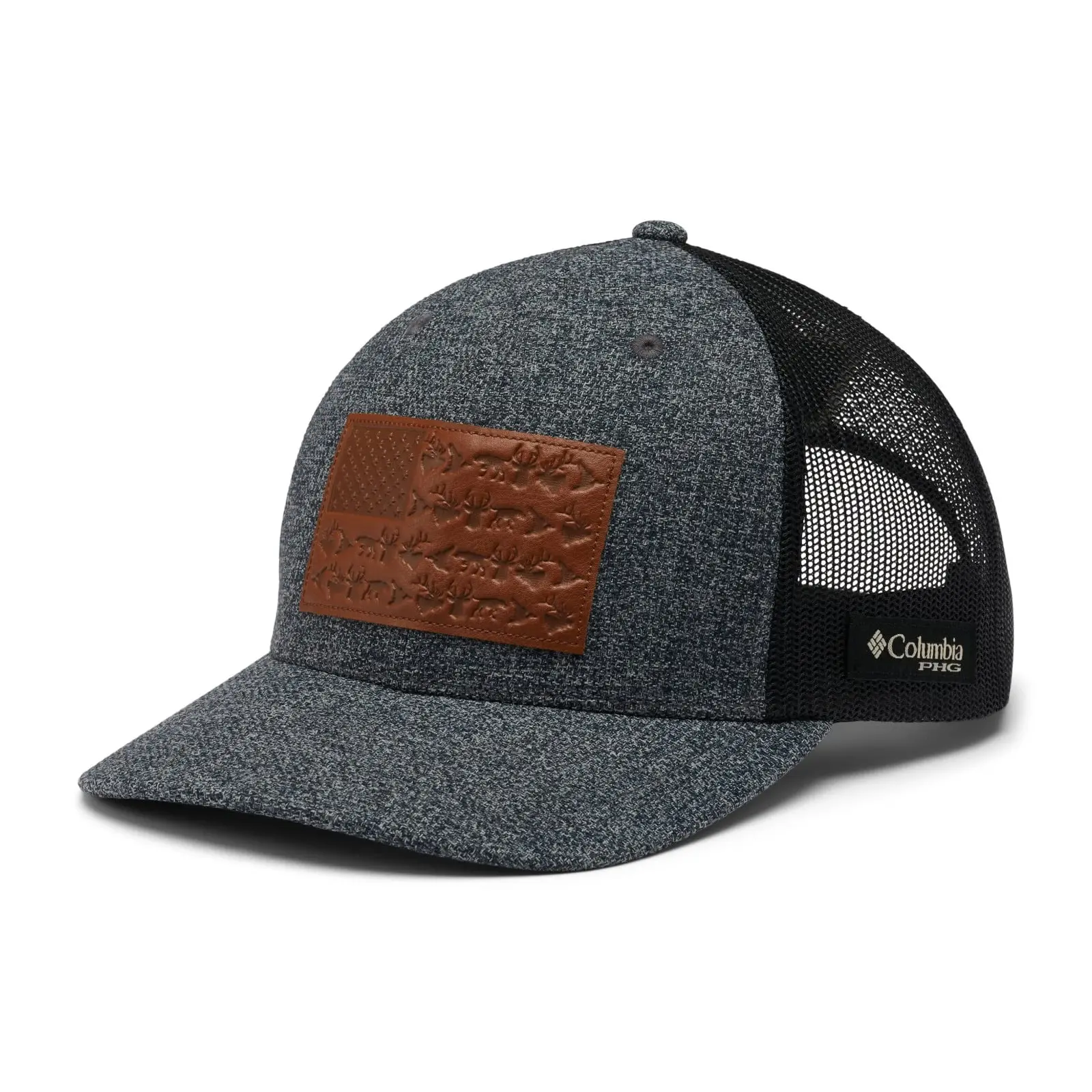 Columbia Unisex PHG Leather Game Flag Snapback Cap - High Grill Heather/Black, One Size, Adjustable Trucker Hat