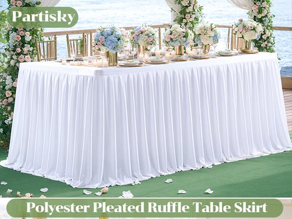 White Polyester Table Skirt for 6ft Rectangle Tables, Wrinkle-Resistant Pleated Ruffle Tablecloth with Easy Setup for Party & Event Decor