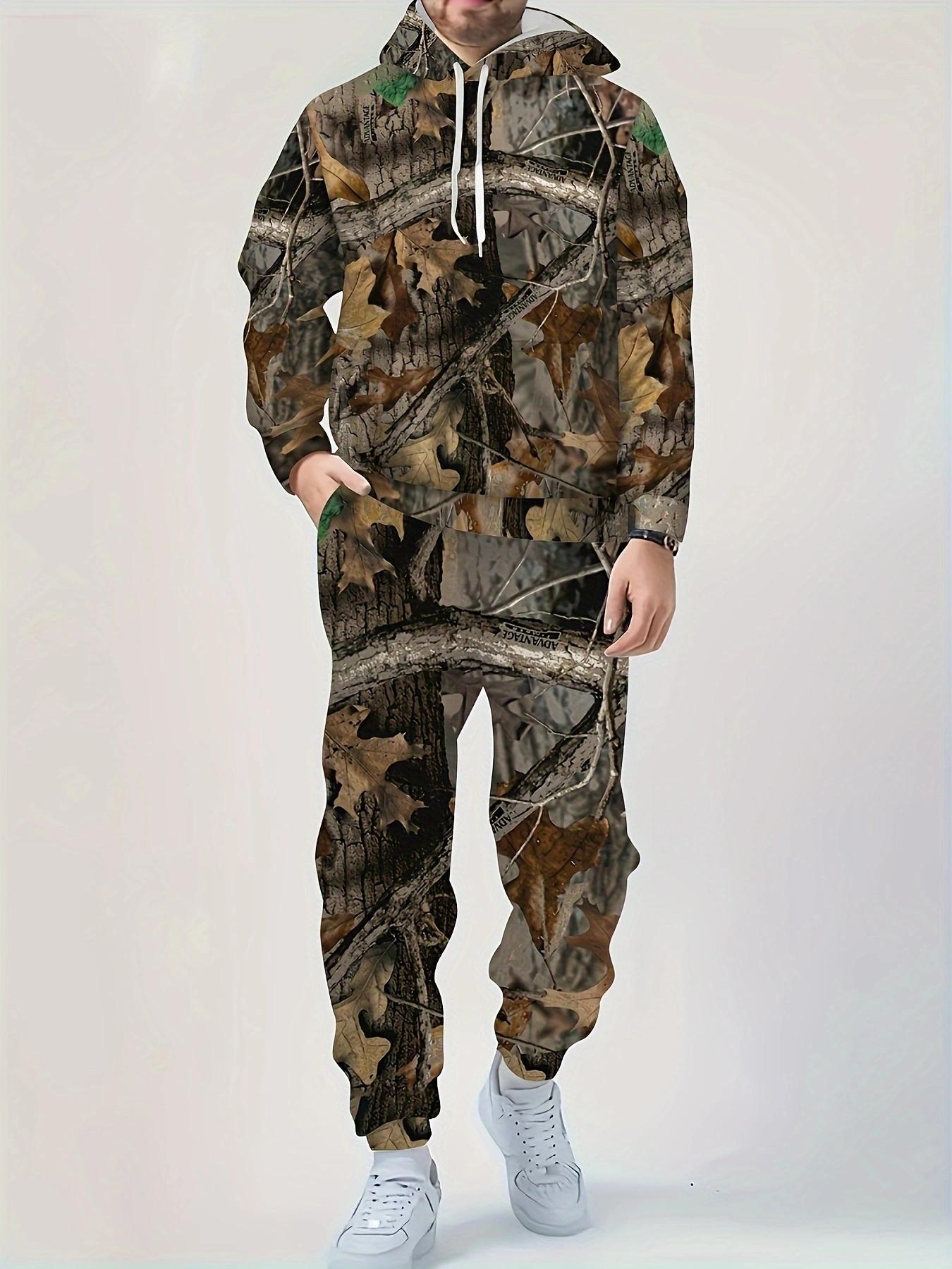 Men's Outdoor Camouflage Hoodie Set Trendy Street Sports Two-Piece Personalized Leaf Print Casual Jogger Set