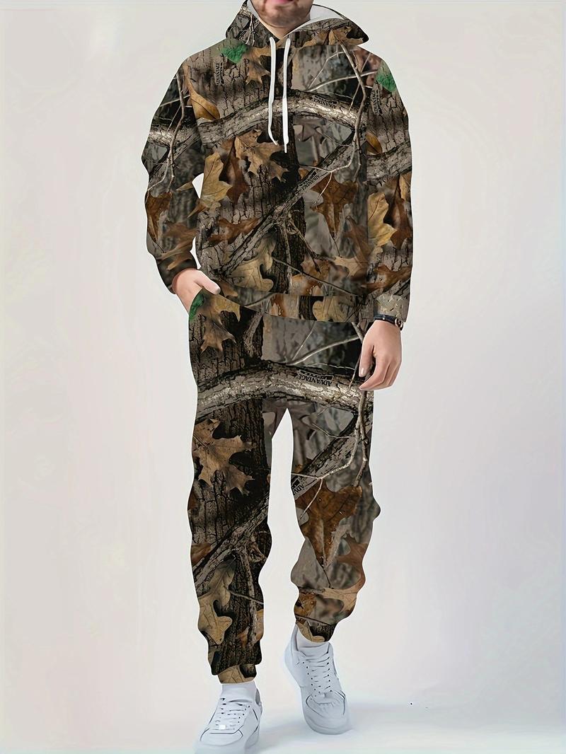 Men's Outdoor Camouflage Hoodie Set Trendy Street Sports Two-Piece Personalized Leaf Print Casual Jogger Set