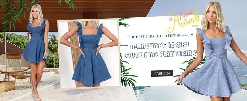 utcoco Denim Dress for Women Ruffle Adjustable Strap Sleeveless Backless Babydoll Mini Jean Dresses