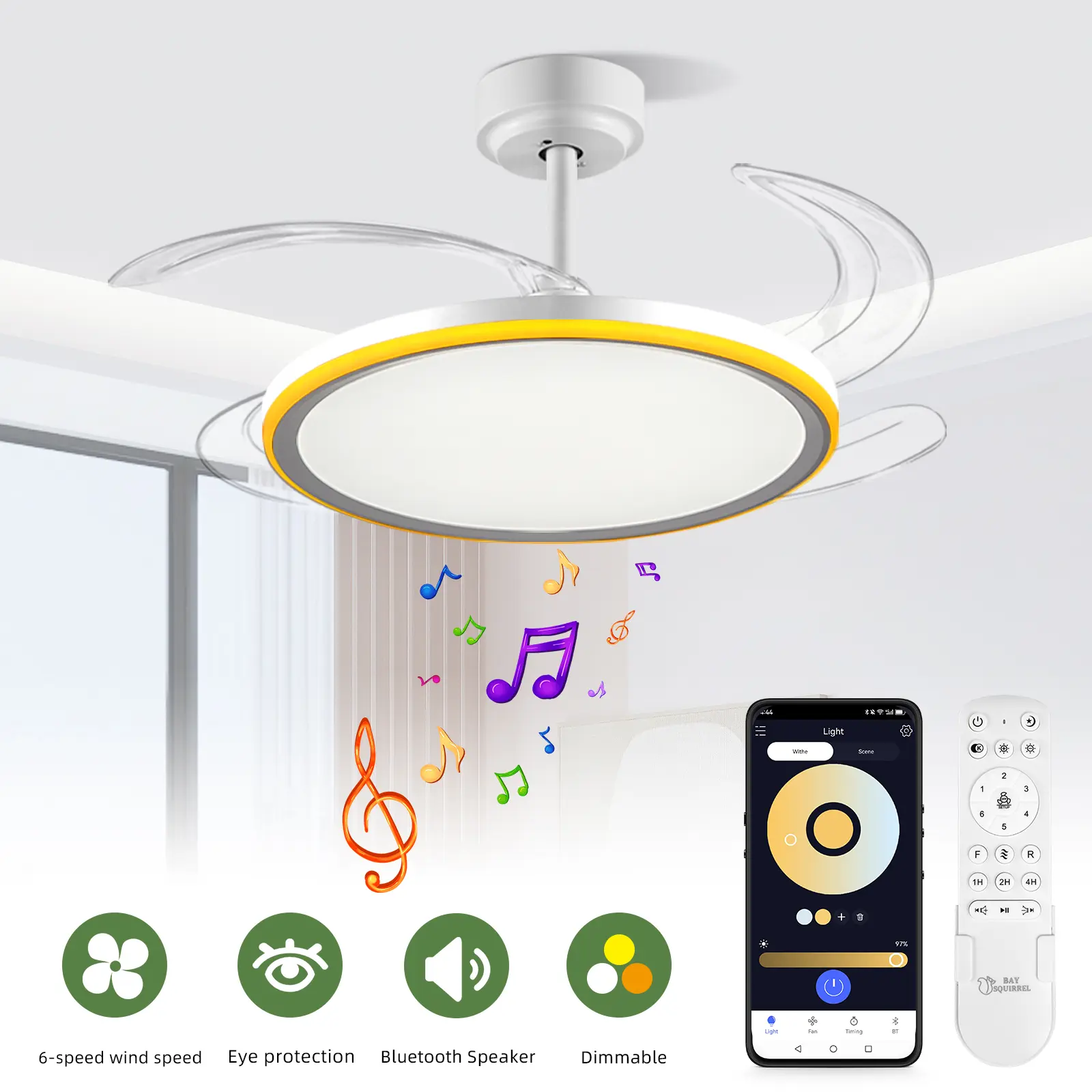 【Clearance】BaySquirrel 42-Inch Slim Invisible Ceiling Fan with Remote+App Control, 6 Retractable Blades, 6 Fan Speeds, Reversible Function, Dimmable Adjustable Lighting, 24-Hour Timer, Smart Lamp Feature, 19.09"l x 14.96"w x 14.96"h, All Seasons Use, Ceil