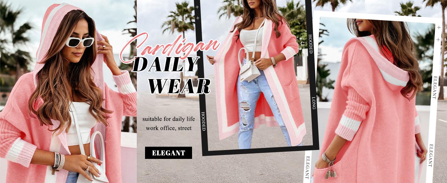 Ebossy Women's Apricot Khaki Color Block Striped Hooded Cardigan Sweater with Pockets Oversized Long Knitwear Top for Daily Wear Casual Womenswear