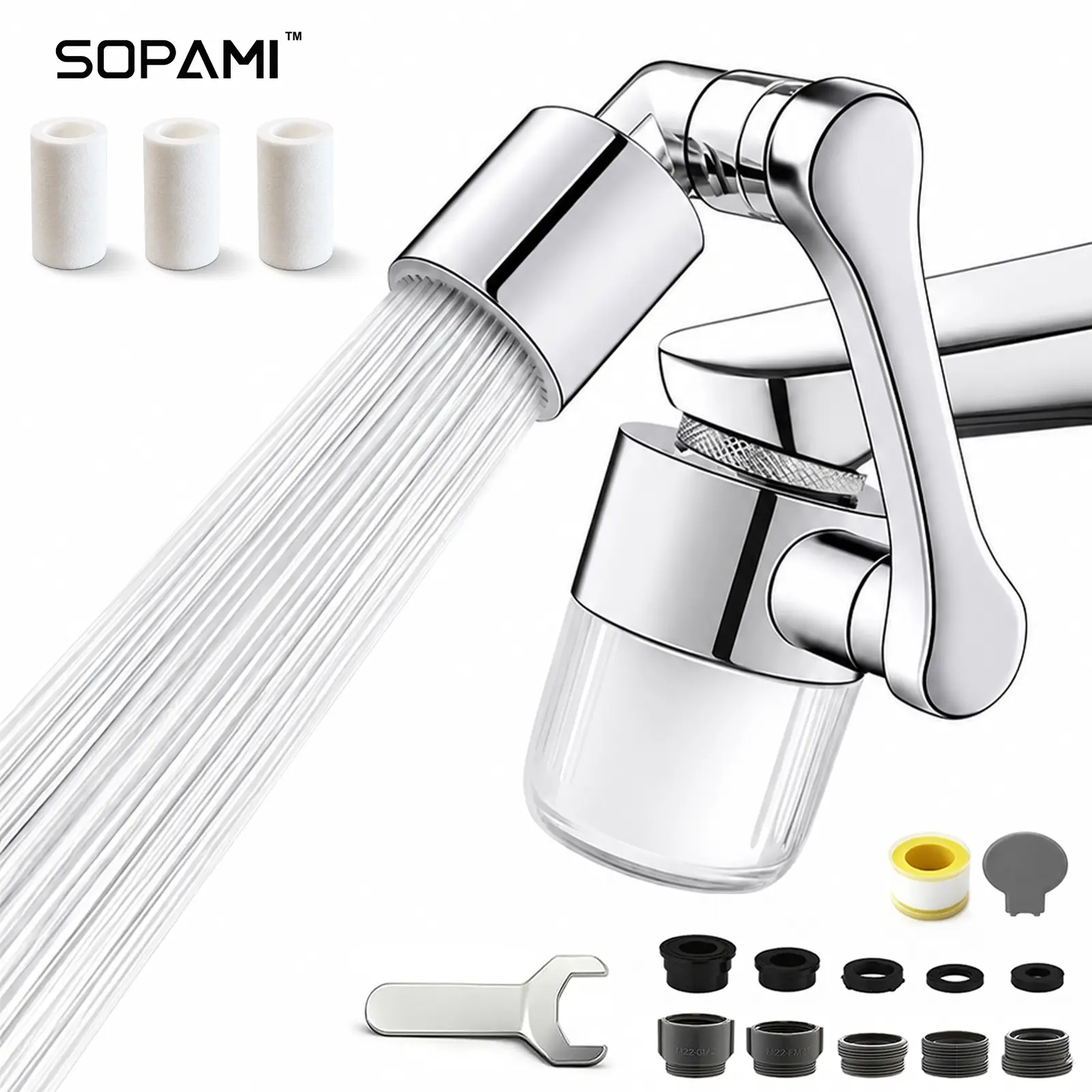 SOPAMI 360-Degree Rotatable Faucet Aerator, Universal Swivel Anti-Splash Water-Saving Tap Extender Nozzle for Kitchen Sink, Bathroom Basin