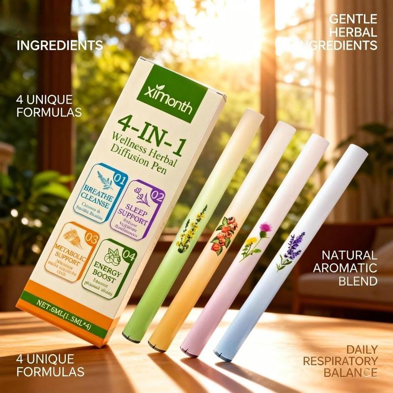 Ximonth 4-In-1 Herbal Stick Set Breathe Cleanse Sleep Support Metabolic Energy Boost 4x1.5ML Natural Wellness Pens for Comprehensive Wellness